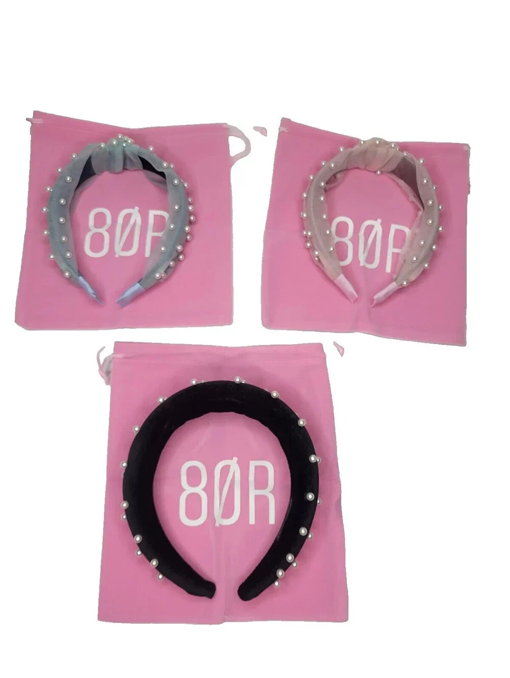 Lot of 3 Faux Pearl Jeweled Headband w/Pouch black pink blue by 8 Other Reasons